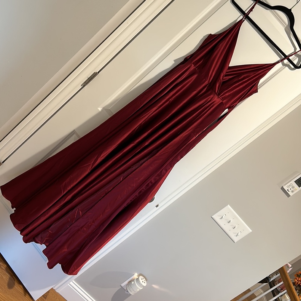 16622 Red Draped Slit Satin Dress